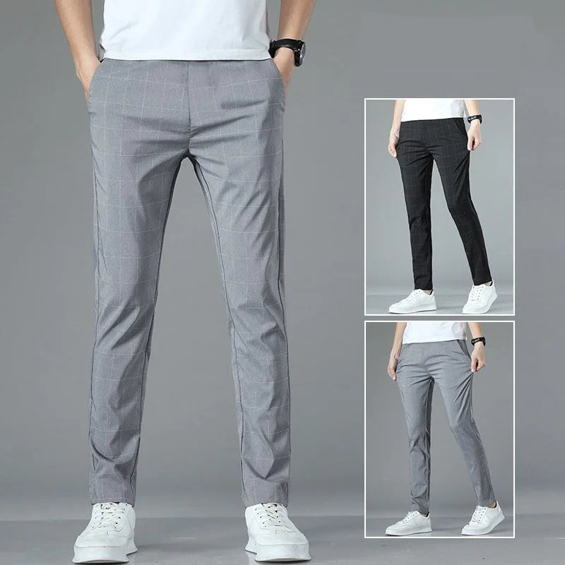 2025 Spring/Summer Men's Elastic Slimming Straight Leg Casual Pants Fashion Breathable Grid Design Sports Pants