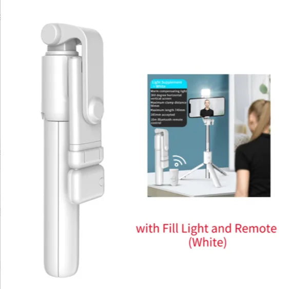 Wireless Selfie Stick with Tripod Stand and Light, Bluetooth Remote, Extendable for iPhone, Mobile Phone, Live Streaming