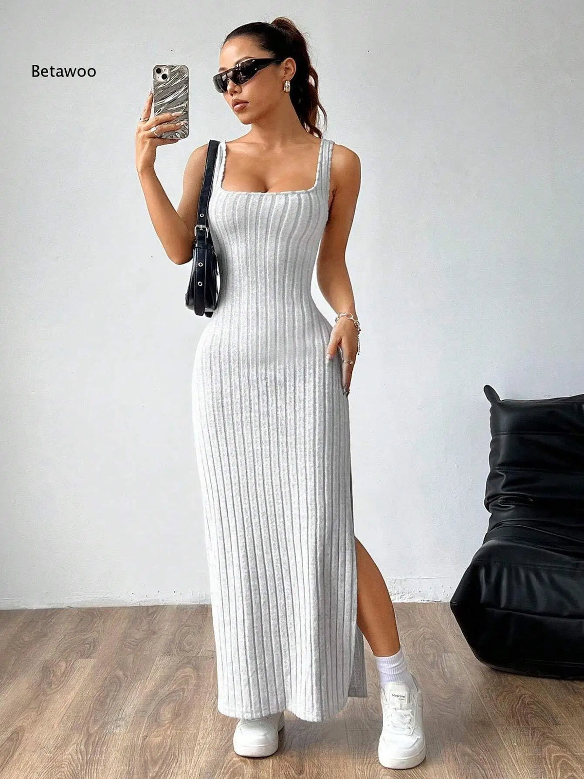 Y2K Street Style Sleeveless Square Neck Ribbed Maxi Dress Thin Strap High Side Slit Bodycon Long Skirt