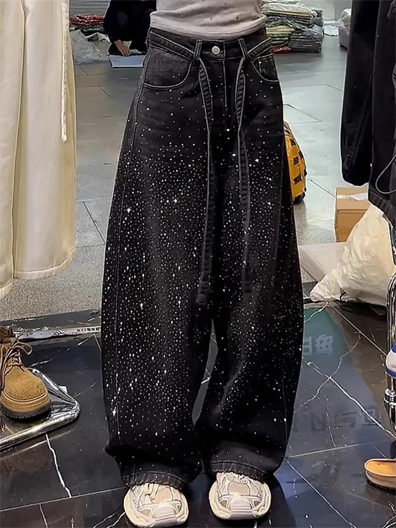 Korean Loose Women Denim Pants 2026 New Autumn Winter Retro Hot Diamond Long Cowboy Trousers Ladies Casual Streetwear Jeans