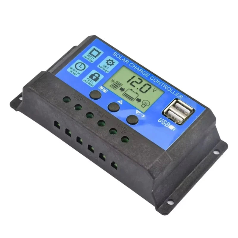 Solar Charge Controller, Photovoltaic Panel PV Regulator, Load Discharger, Auto LCD, Dual USB, 5V Output, 12V, 24V, 30A, 10A
