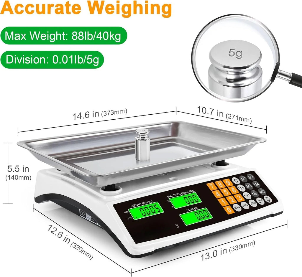 Digital Scale Stainless Steel 88lb/40kg Commercial with Price Computing Large Platform LCD Backlight for Deli