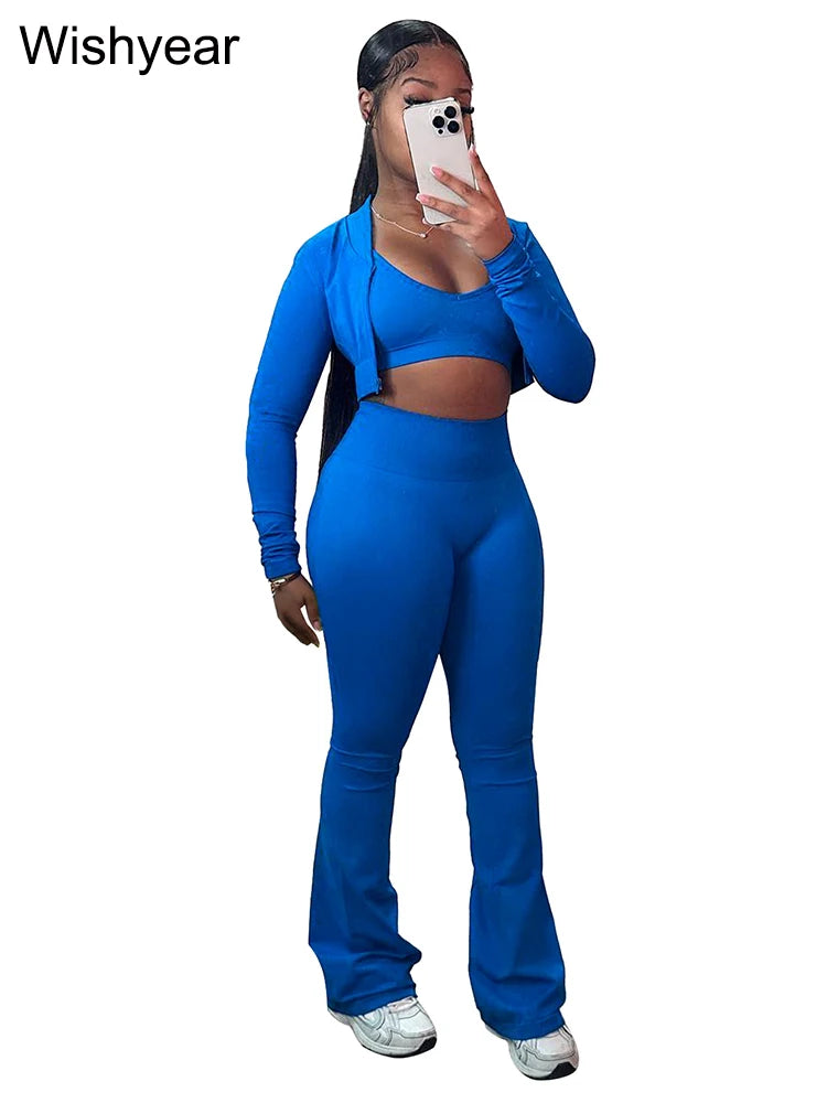 Fashion Solid 3 Pieces Sets Women Long Sleeve Crop Tops+Tanks+Flare Pants Active Fitness  Jogging Tracksuits Streetwear Outfits
