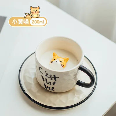 Modern Cartoon Cute Cat Ceramic Coffee Cup with Saucer Cute Cat Animal Porcelain Mug for Kids Birthday Gift Breakfast Milk Mug