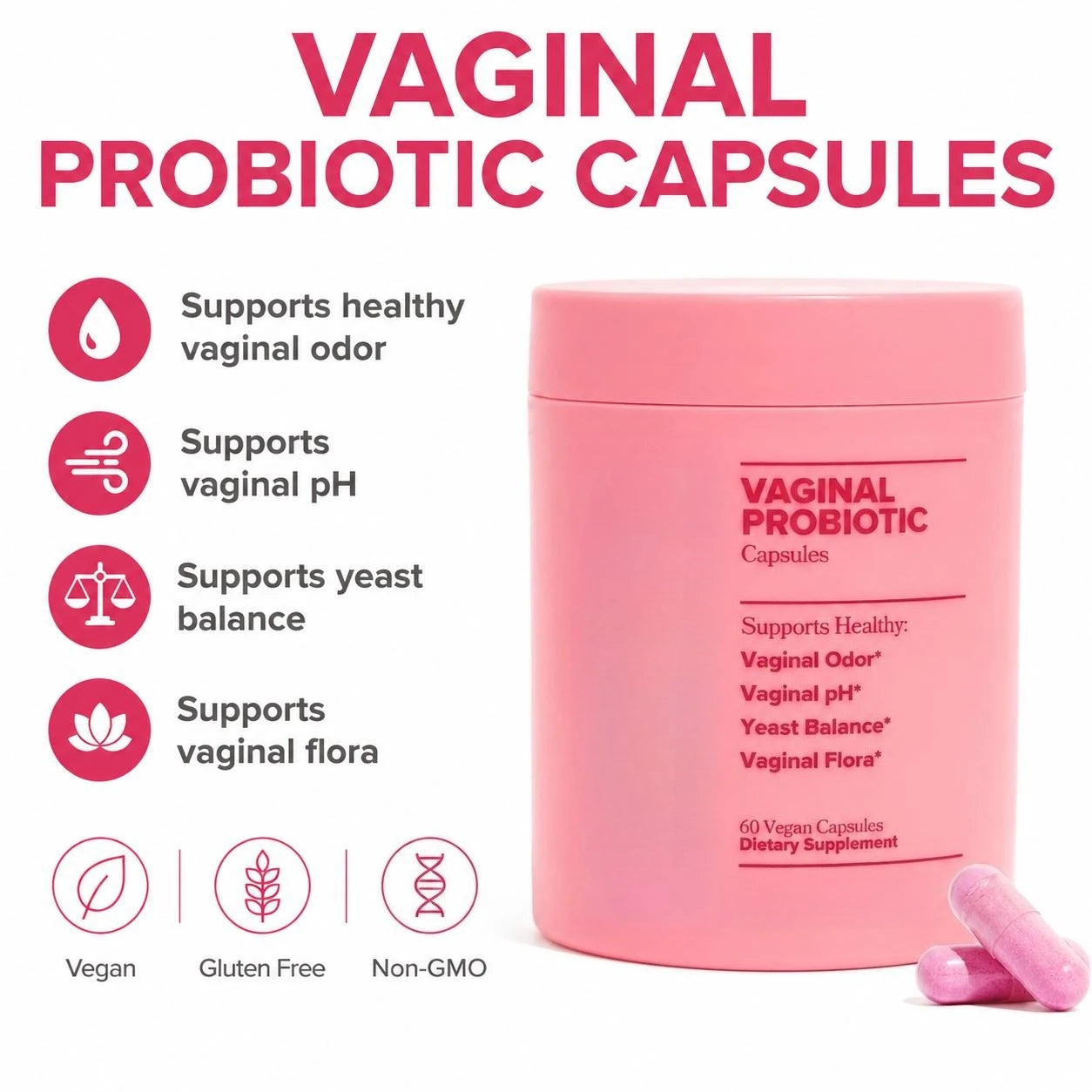 Women's Vaginal Probiotic Capsules, 5 Billion CFU, Healthy Odor Support, PH Yeast Balance & Flora Support, Vegan, 60 Count