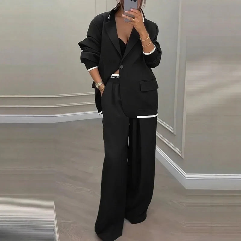 Casual Women's Suit Set Autumn Sexy Turn down Collar Button Blazer & Straight-leg Pants Set Winter Solid Long Sleeve Chic Outfit