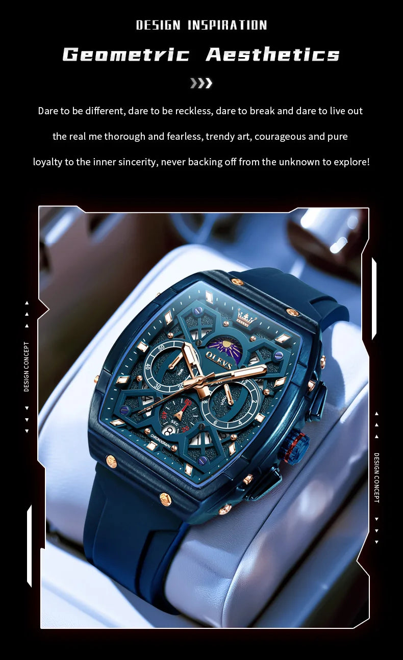OLEVS 2942 Men Watch Automatic Calendar Waterproof Luminous Moonphase Watch Top Brand Tonneau Large Dial Hollow Men Quartz Watch