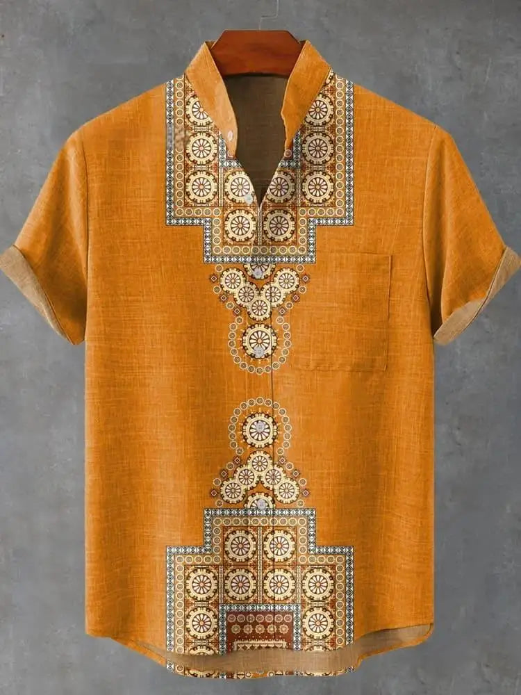 New Retro Tribal Totem Pattern Printing men's New Linen Comfortable Fabric short-sleeved Shirt Tribal Ethnic Style Fast Delivery