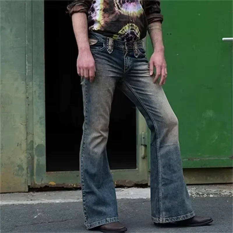 Vintage Men's Big Flared Jeans Male Youth Four Seasons Casual Deep Blue Denim Pants 2023 Fashion High Waist Trousers Streetwear