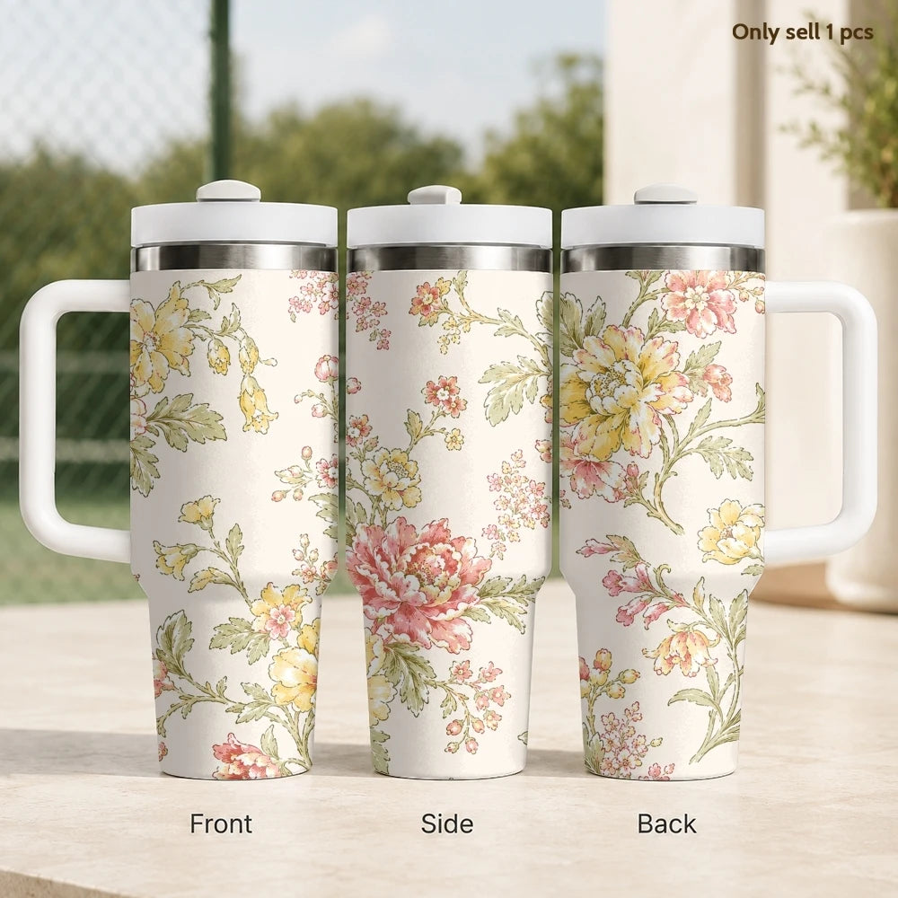 Floral Seamless Patterns Vacuum Flasks 40oz Stainless Steel Insulated Tumbler With Handle & Straw Leakproof Travel Mug