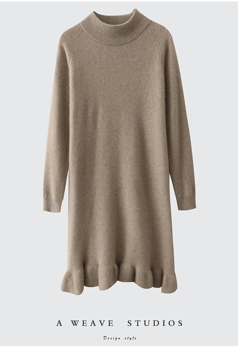 Women's Pure Wool Knitted Dress, High Collar, Pleated, Casual, Fashionable, Warm, 2024 Autumn And Winter