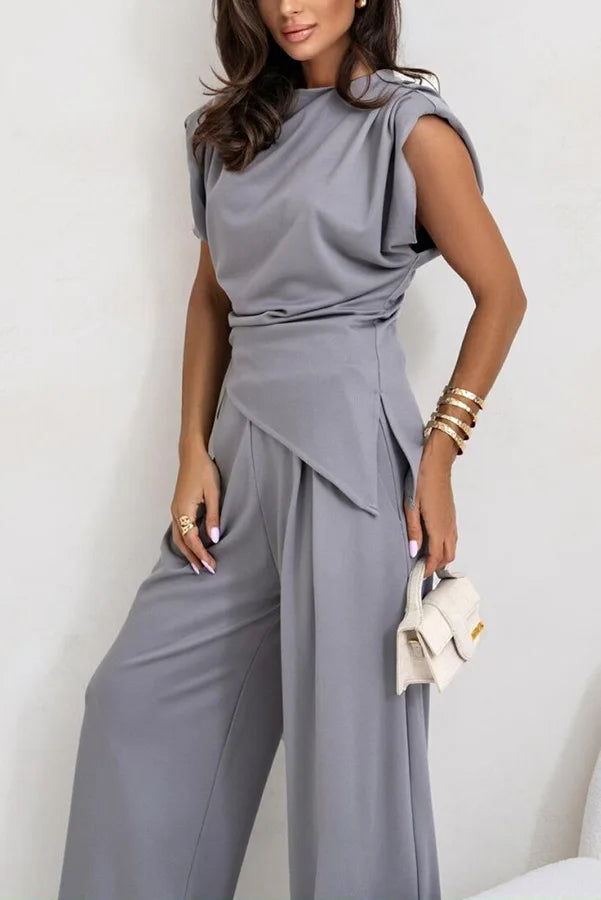 2 pieces women sets 2026 Summer New Fashion Solid Color Irregular top+long wide leg pant sets women's clothing