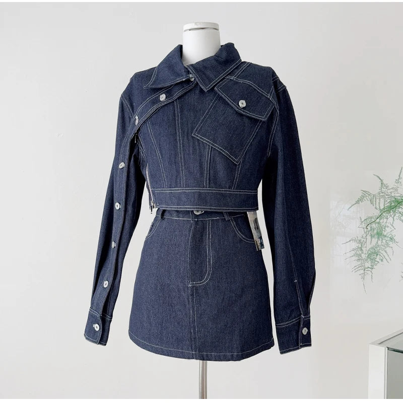 Vintage Wash Denim 2 Piece Sets Women Long Sleeve Crop Top Zipper Jacket and A-Line Mini Skirts Suits Streetwear Jeans Outfits