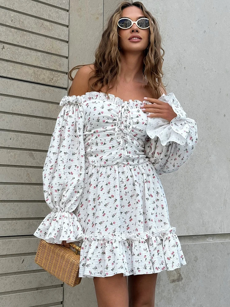 Women's Muslin Dress with Long Sleeves Elegant White Summer Dresses Cotton Beach Beautiful Sexy Short Mini Dress for Women