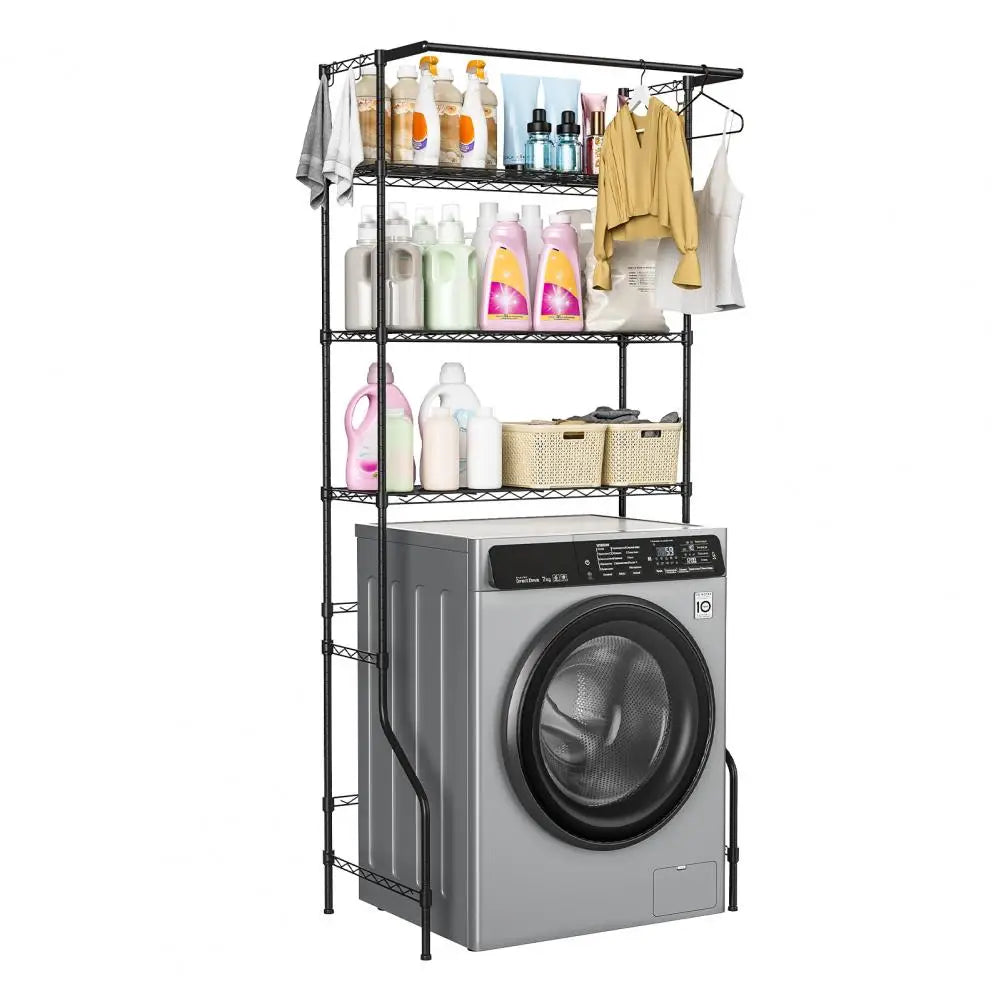 Washing Machine Shelf 3 Tiers Storage Rack Adjustable Height Metal Freestanding Clothes Drying Rack with Hanger Rod & Hooks