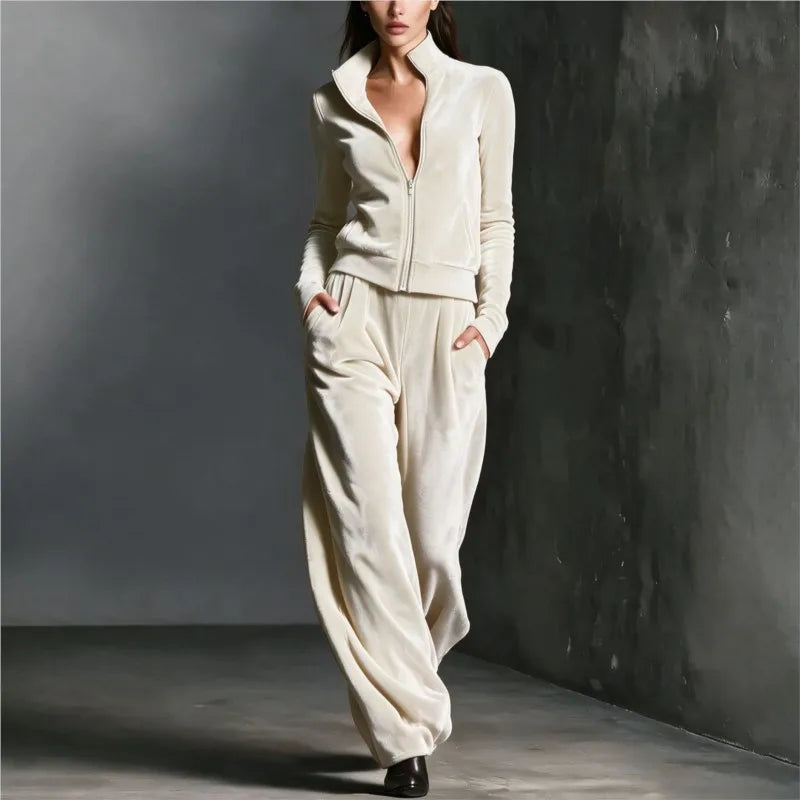 Women's Velour Two-piece Set Autumn Winter Zip Up Stand Collar Long Sleeve Jacket + Long Pant 2 Piece Sets Fashion Sports Sets