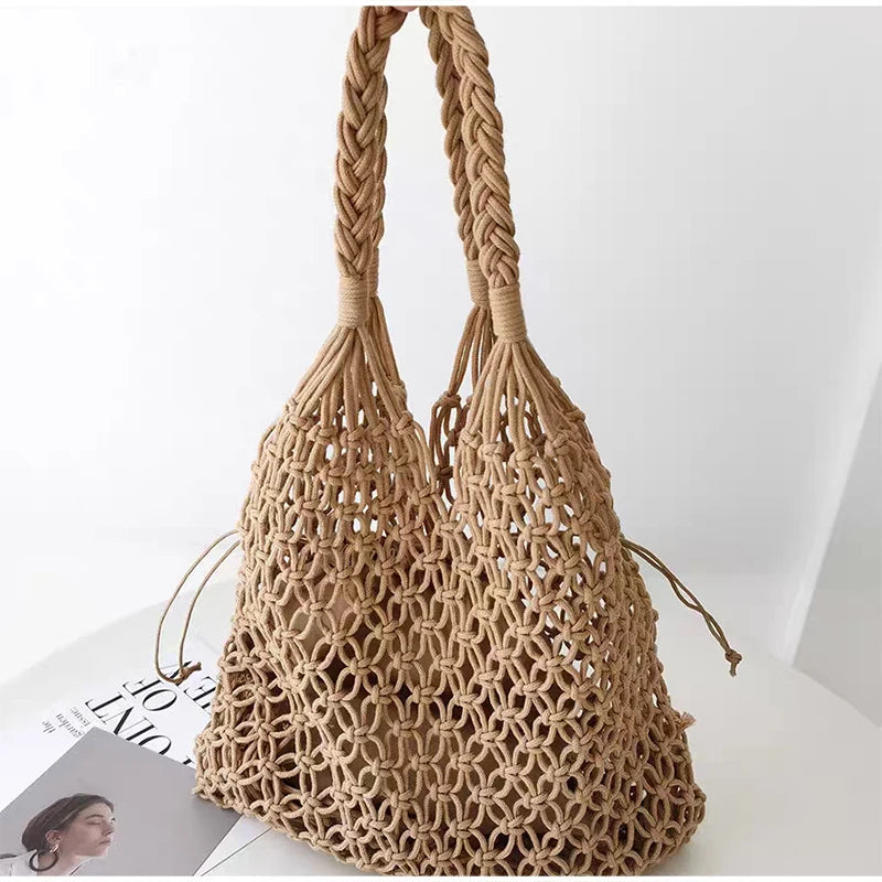 Hollow Crochet Mesh Woven Shoulder Bag With Inner Pocket,Women Solid Color Handbag,Summer Work Beach Vacation Commuting Tote Bag