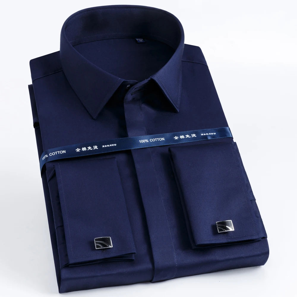Men's 100% Cotton Iron-Free French Cuff Shirt Front Hidden Buttons Removable Collar Stays Formal Business Long Sleeve Shirts
