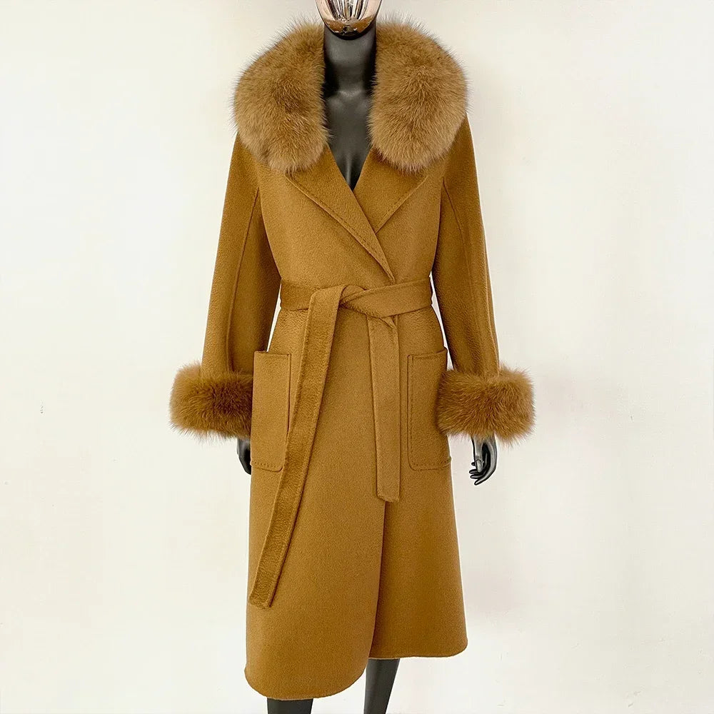 Elegant Wool Fur Jacket Women's Autumn Winter Warm Coat Natural Real Fox Fur Collar Jacket Casual Fashion Long Fur Coat Women's