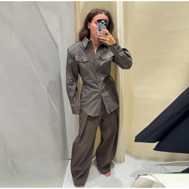 Multicolor Striped Shirt 2 Picec Set Button Front Blouse High Waist Flared Hem Maxi Skirt 2026 Summer Elegant Lady Vacation Suit