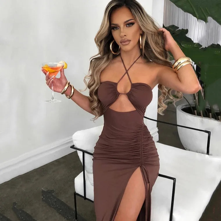 Women's Elegant Party Summer Sleeveless Halter Neck High Waist Pencil Dress Long Backless Cross Strap with High Slit Bodycon