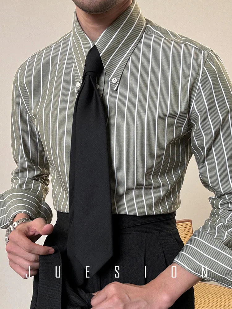 Anti-wrinkle Tianshan Cotton Italian Long Point Collar White Striped Shirt Men's Long Sleeve Casual Business Shirt