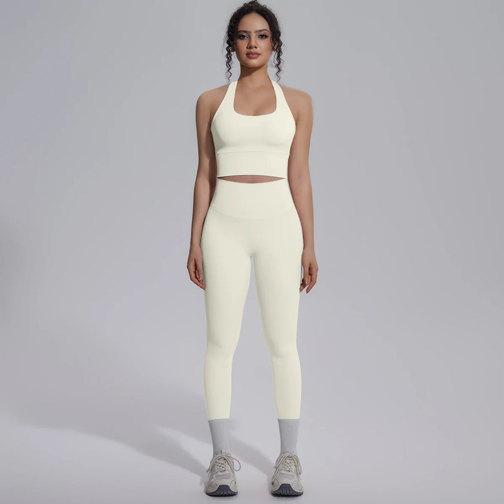 Rooftrellen New Women's Two-piece Set Fitness Sports Solid Color Yoga Set Summer Quick Drying Legging Pants Gather I-shaped Vest