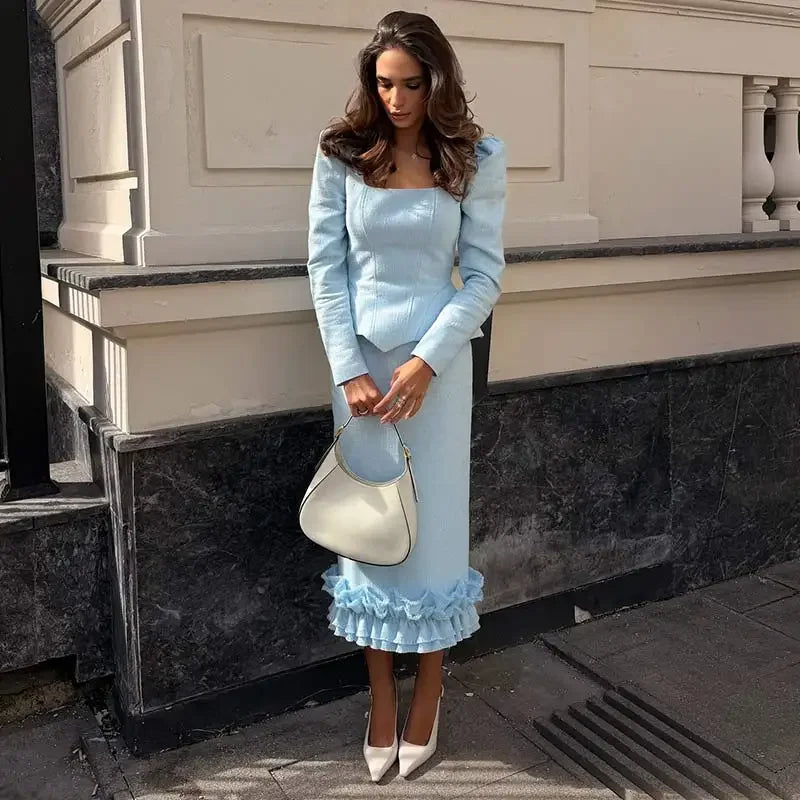 Casual Solid Woolen Top Pants Set Women Puff Full Sleeve Closed Waist Blouse Straight Trousers Sets 2026 Autumn Winter Lady Suit