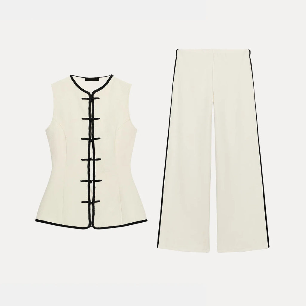 ZADATA Women's Summer Fashion Set round Neck Sleeveless Wide Leg Pants High Waist Color Block Design Top And Bottoms Ensemble