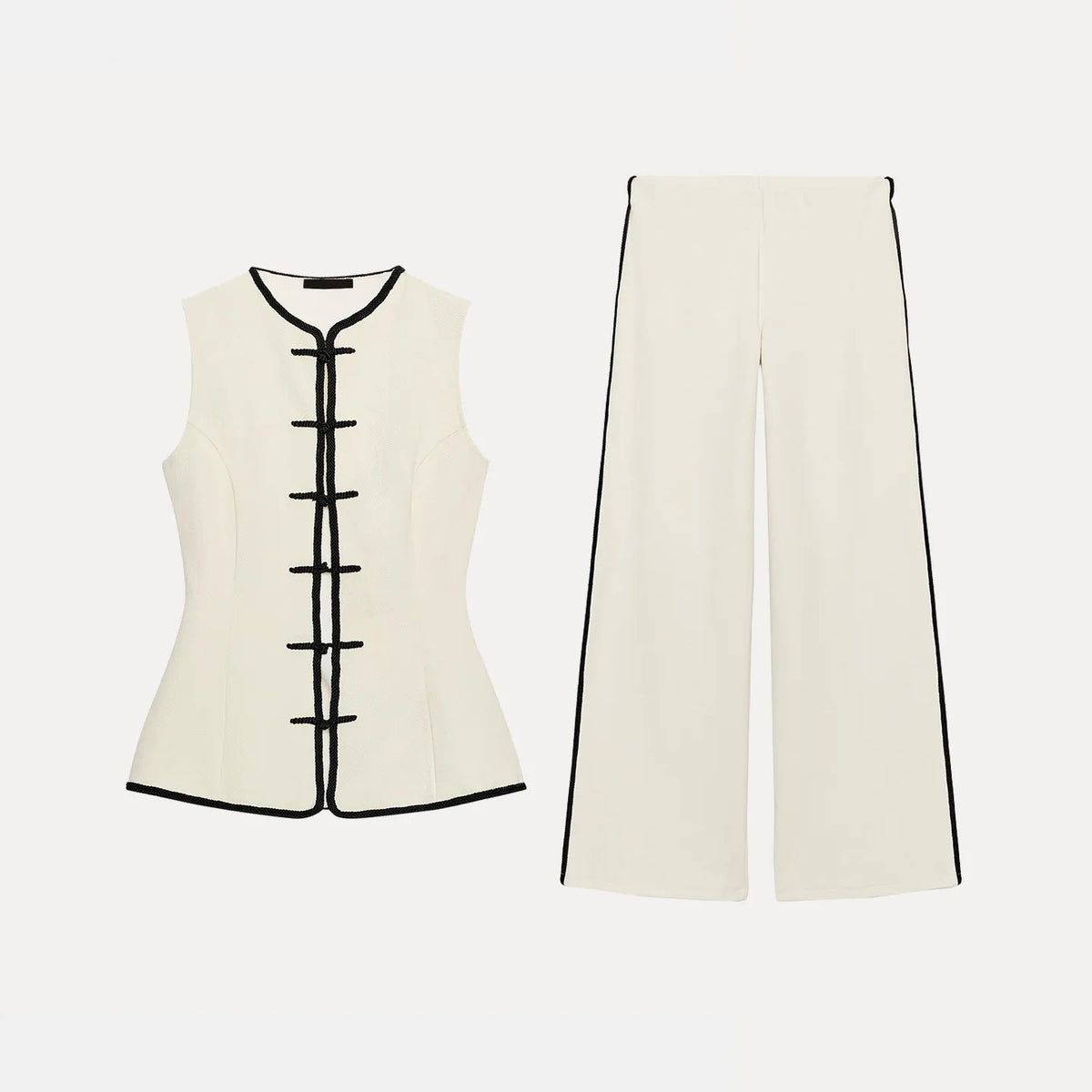 ZADATA Women's Summer Fashion Set round Neck Sleeveless Wide Leg Pants High Waist Color Block Design Top And Bottoms Ensemble