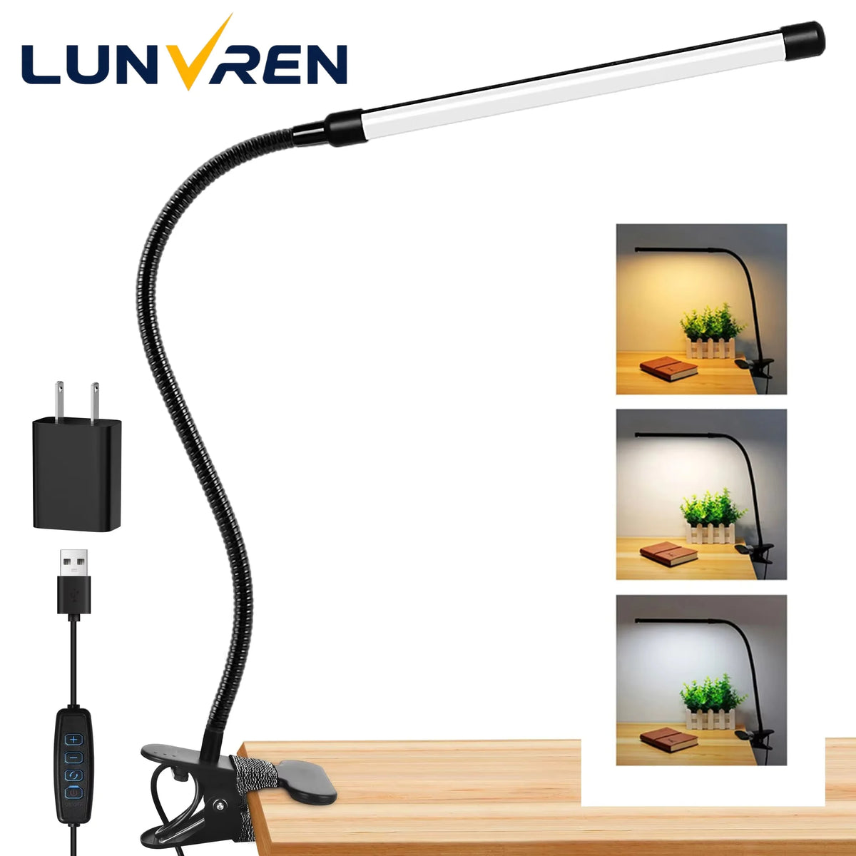 LED Clip-on Reading Light,with 3 Modes and 10 Adjustable Brightness Levels,for Bedside,Workbench,Drawing,USB Adapter Included