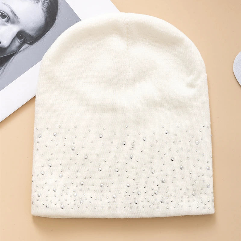 Hot Sale Women Casual Winter Fall Hat Stylish & Shiny Rhinestone Decor Women's Beanie Outdoor Streetwear Knitted Hat