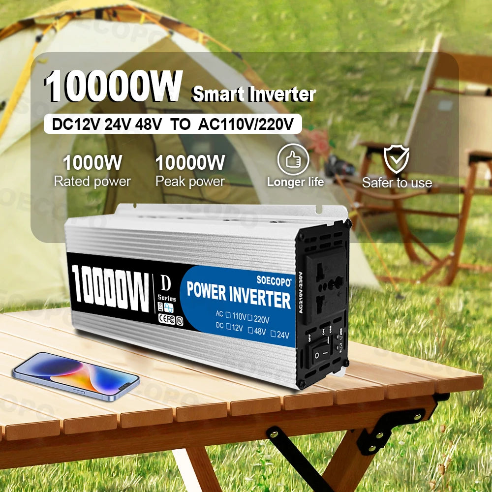 10000W Inverter 12v24v48V DC to 220VAC for Microwave/Drill/Medical Equipment Overload Alarm Construction/Truck/Farm Off-Grid Use