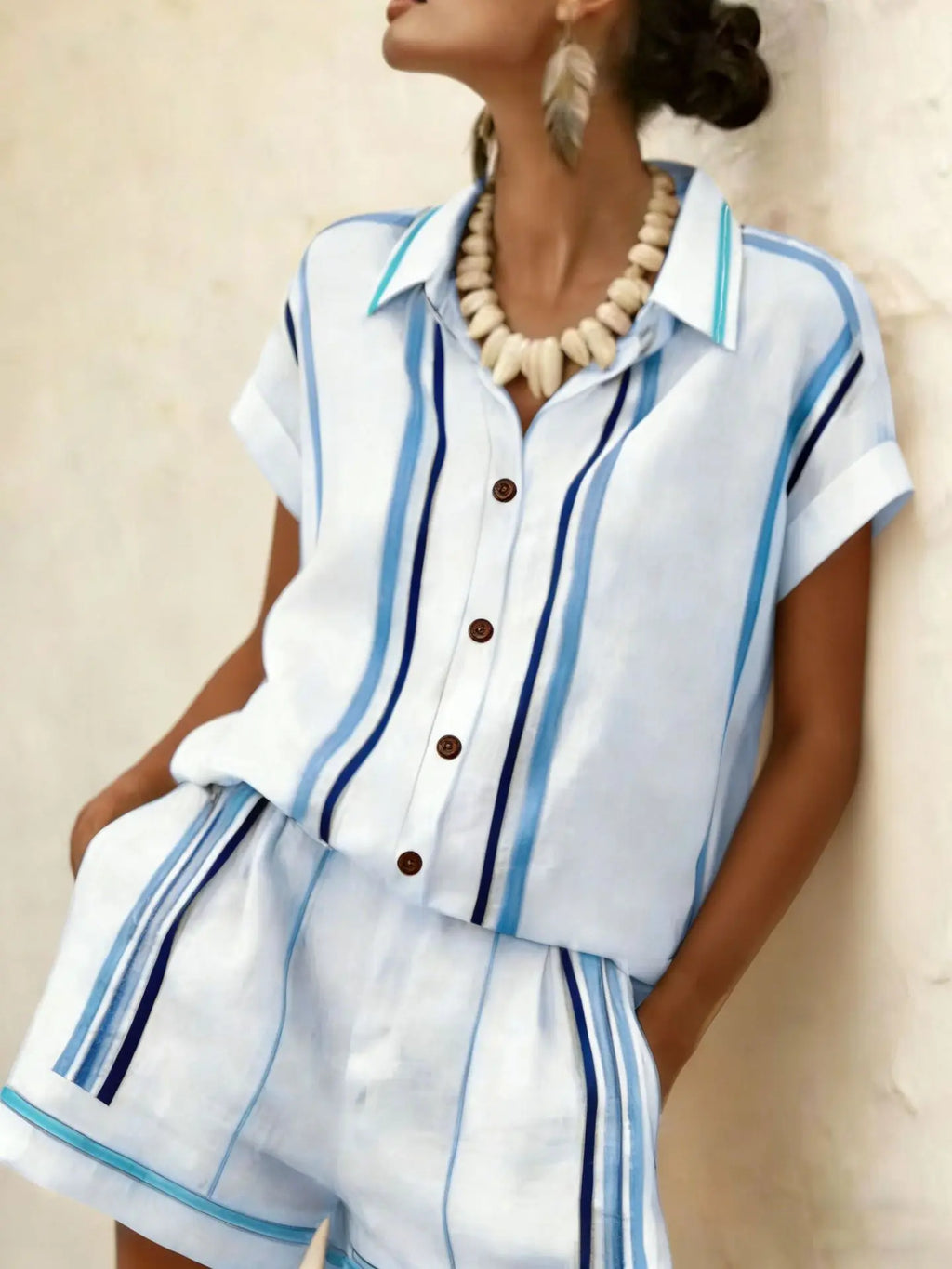 2026 Women Two-piece Set  Vertical Striped Top Women's Summer Loose Casual Versatile Lapel-neck Shorts Sleeve Shirt Shorts Suit