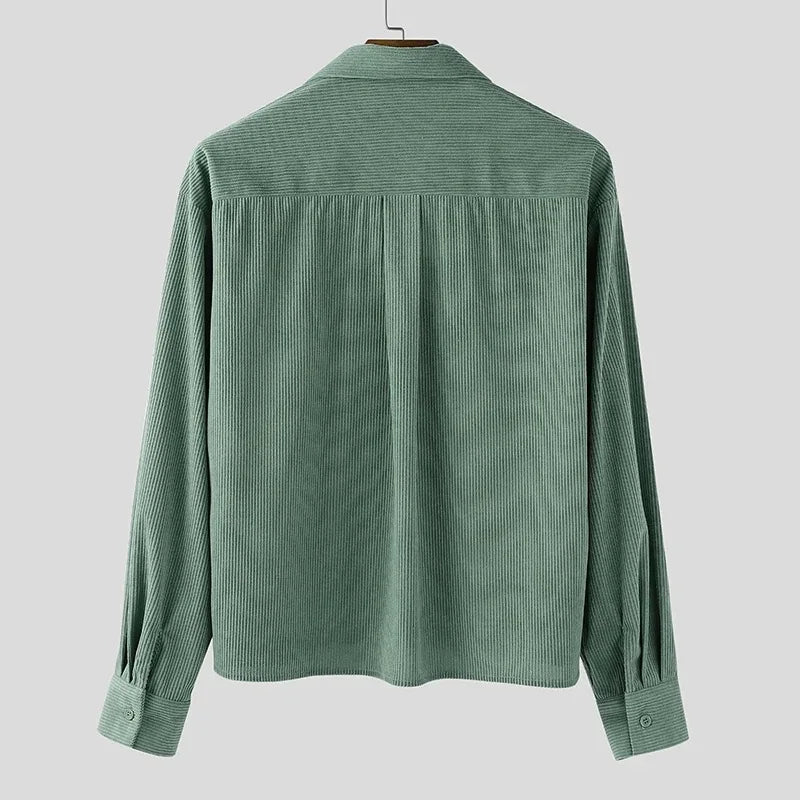 Autumn Men Corduroy Cropped Shirts Long Sleeve Solid Color Suit Collar Casual Blouse American Retro Premium Loose Cardigan Tops