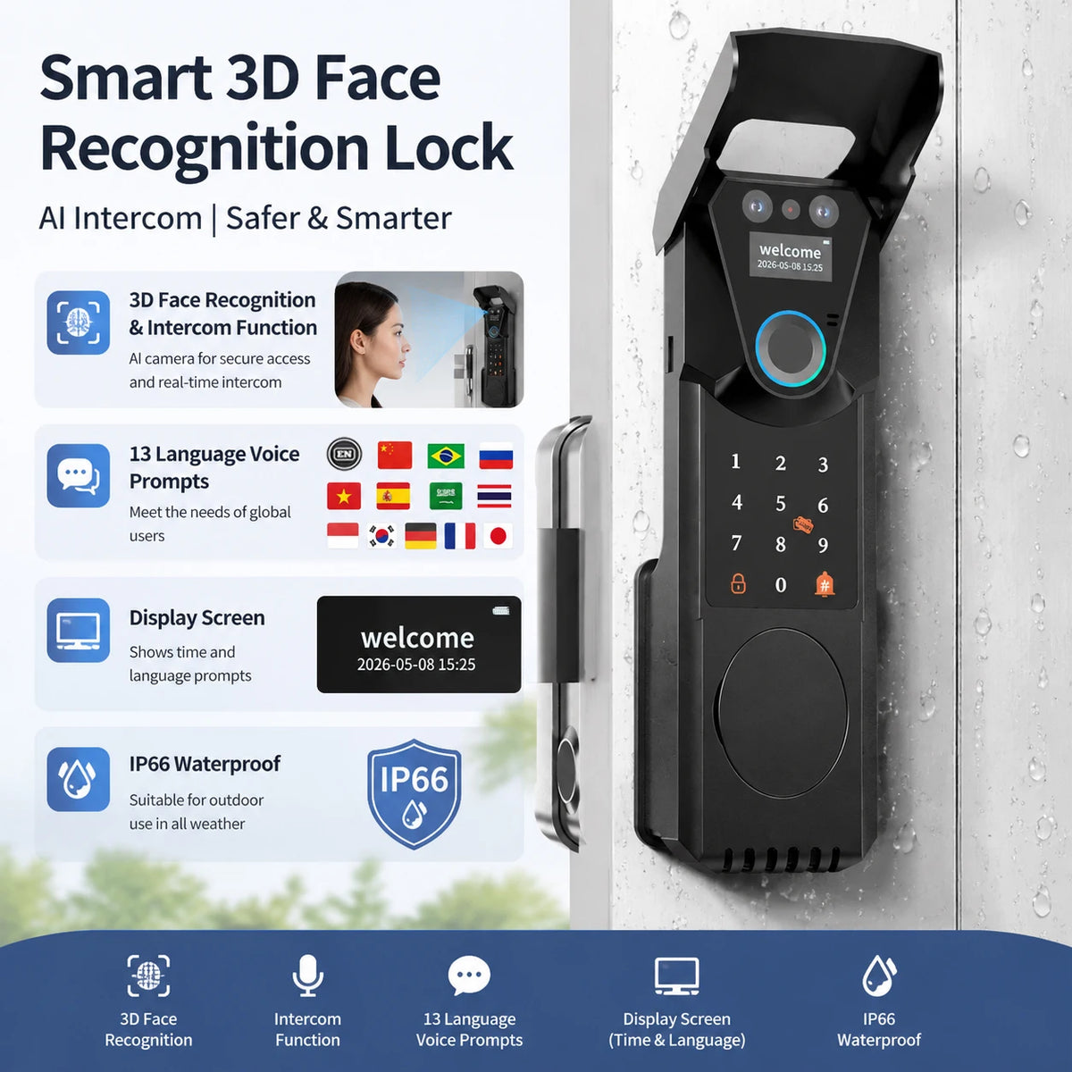 Waterproof Tuya Wifi Smart Lock with 3D Face Recognition Intercom 13 Languages Voice Prompt Display Fingerprint Passcode IC Card