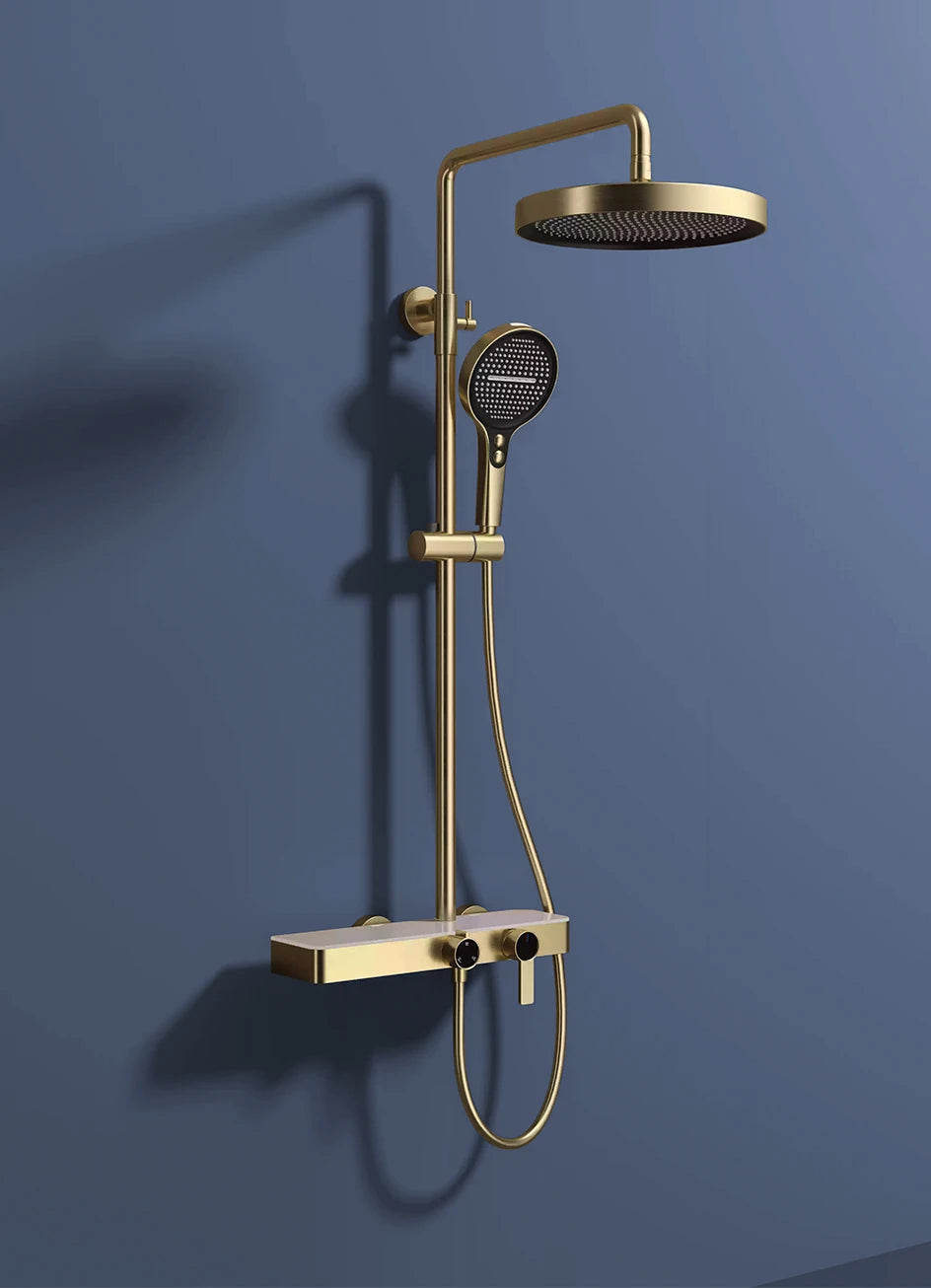 White Bathroom Shower System Set SDSN 12 Inch Round Rainfall Shower Head Brass Bathroom Faucet Hot Cold Gold Bathroom Shower Set
