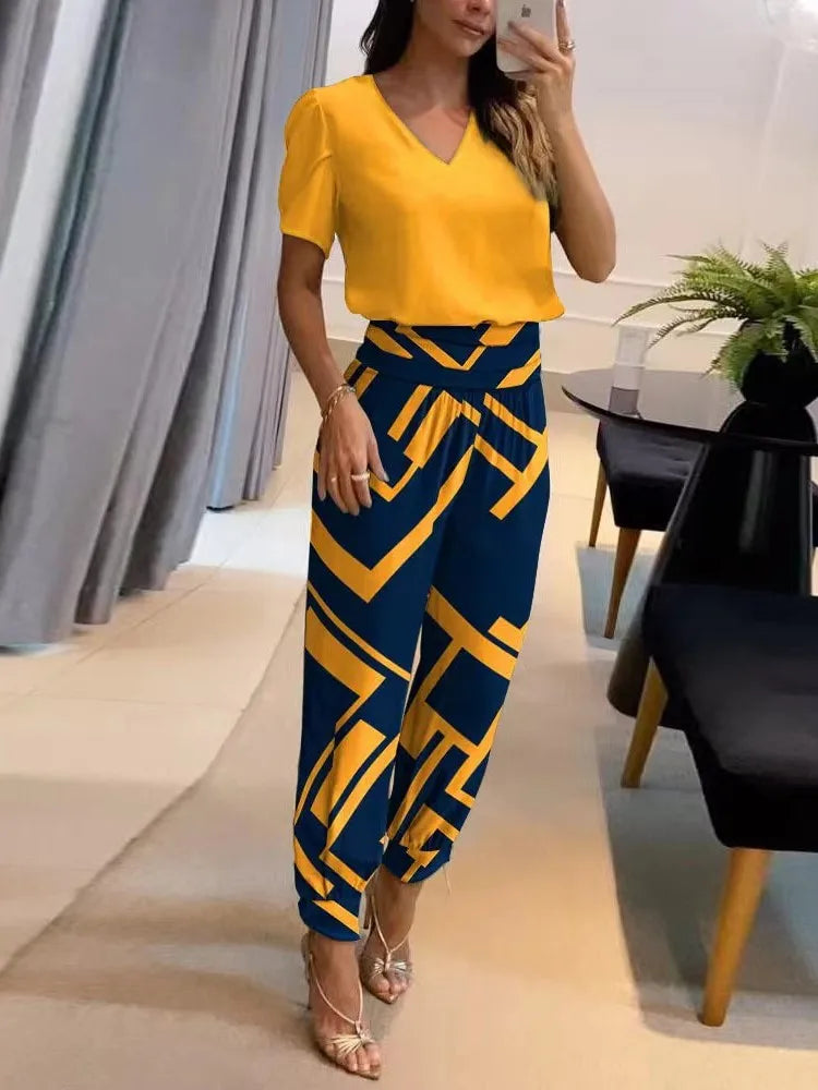 2025 New Long Pant Sets Summer Fashion Casual V-neck Print Short Sleeve Trousers Suit Two-piece Set 2 Piece Sets Women Outfit