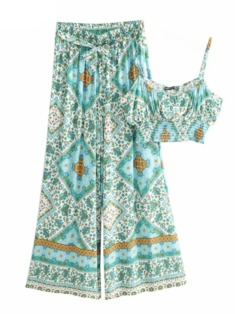 Vintage Chic  Women Floral Print Outfits Strap Sleeveless Tops Bohemian Suits Drawstring Pants 2 Pieces Rayon Cotton Boho Sets
