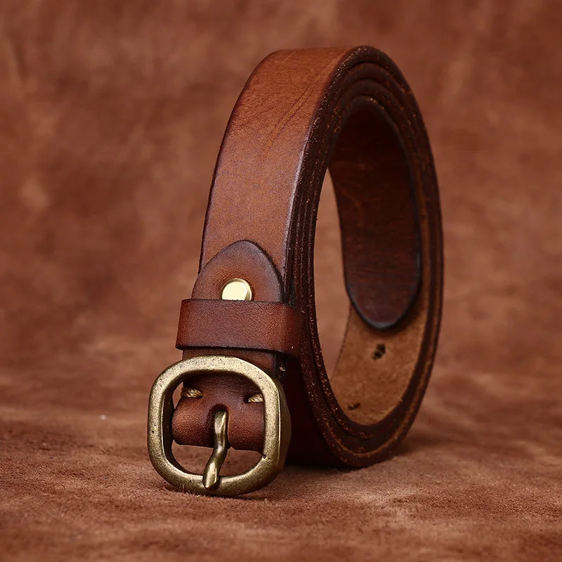 2.3CM Ladies Pure Cowhide Copper Buckle Genuine Leather Casual Jeans Thin Belt Women High Quality Retro Luxury Female Waistband