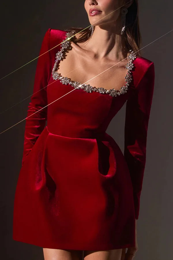 European and American Temperament Square Collar Diamond Setting Velvet Dress, Women's Spring Solid Color Long Sleeve Short Dress