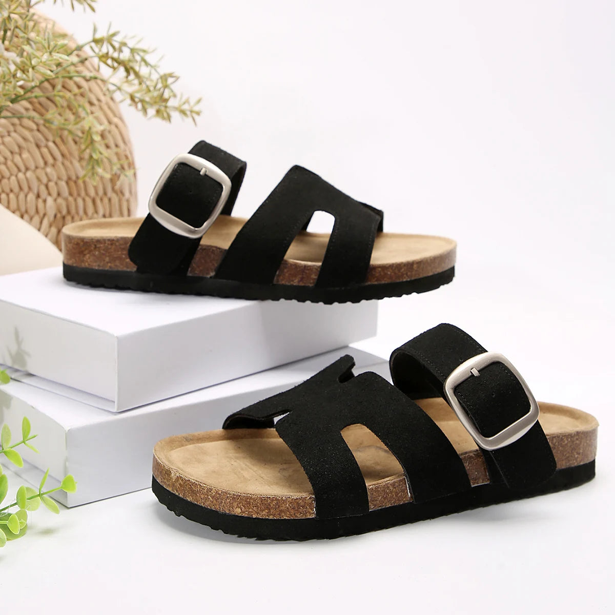 Summer Fashion Suede Slippers With Arch Support Outdoor Classic Adjustable Buckle Beach Slide Women's Cork Clogs Sandals