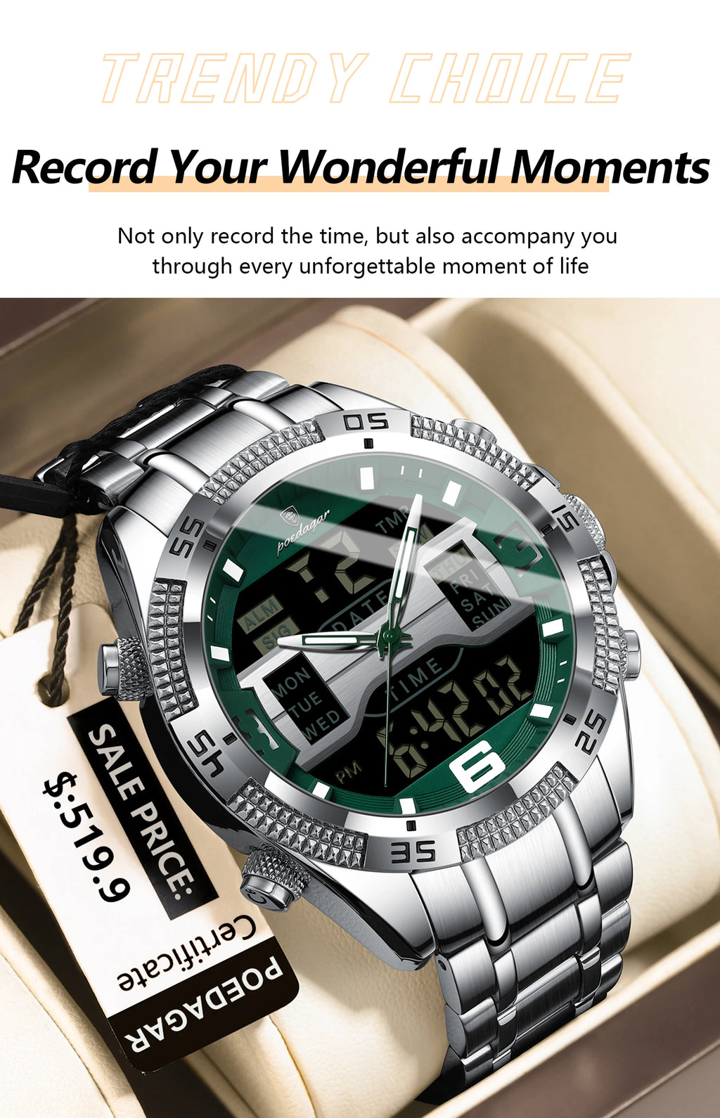 POEDAGAR LED Luxury Men Watch Sports Dual Time Display Digital Luminous Week Date Man Wristwatch Electronic Quartz Men's Watches