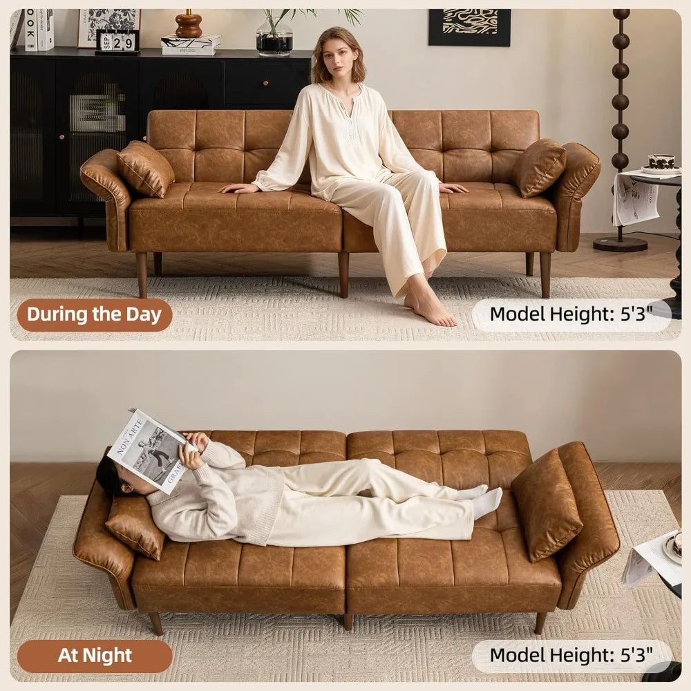 85 Inch Faux Leather Futon Sofa Bed Convertible Sleeper with Storage Adjustable Armrests Mid Century Modern Loveseat