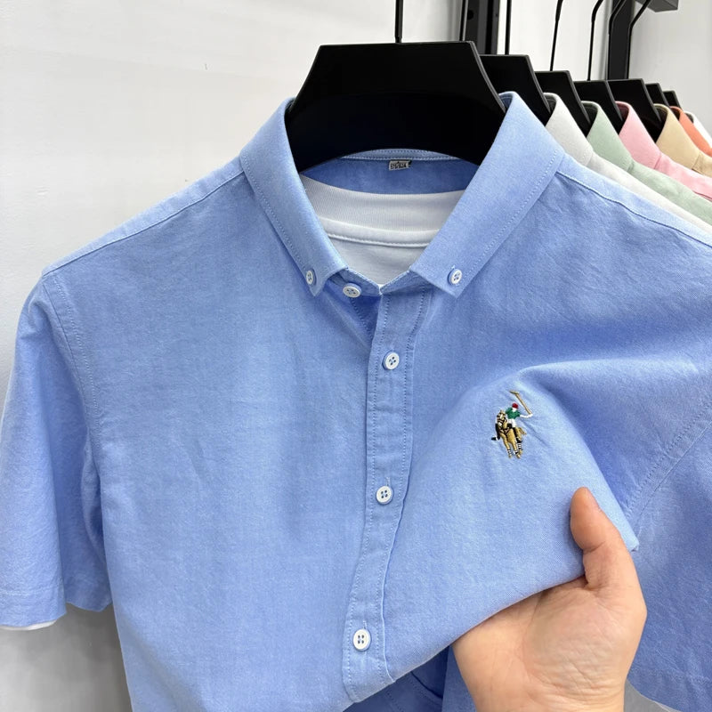 Short Sleeved Shirt Men's Summer New Item Pure Cotton High-end Brand Little Horse Logo Embroidered Casual Shirt
