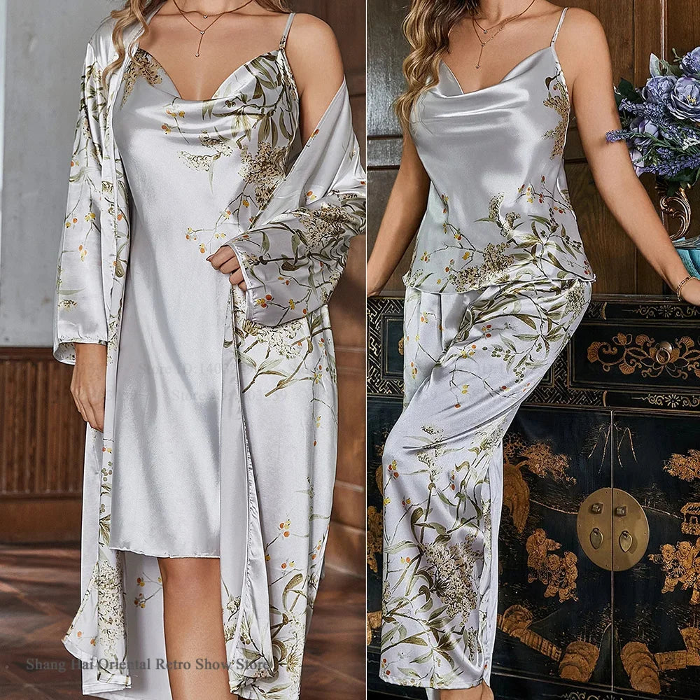 Ice Silk Female 4PCS Robe Pajamas Set Sleepwear Print Cherry Bathrobe Nightgown Trouser Pijamas Suit Loose Homewear Loungewear