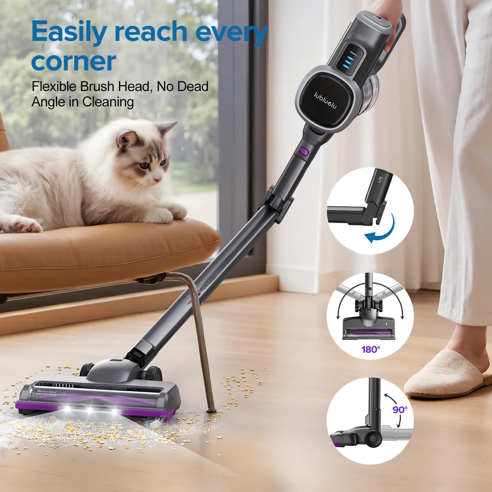 Lubluelu P5 Cordless Vacuum Cleaner 45kPa Strong Suction 50min Runtime Self-Standing  Anti-Tangle for Floors/Carpets