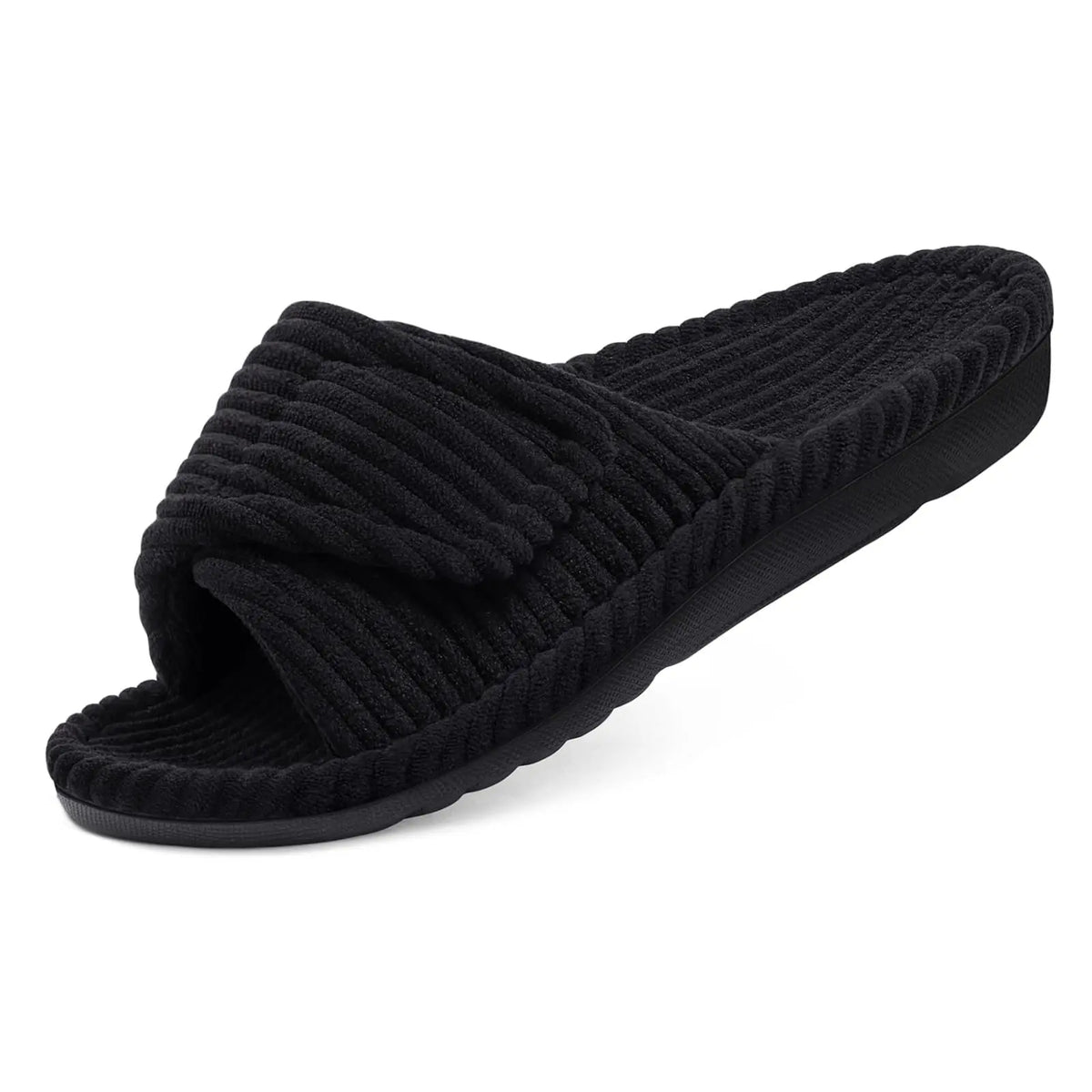 Evshine Women Fuzzy House Slippers with Arch Support Indoor Open Toe Corduroy Slides Adjustable Strap Bedroom Orthopedic Shoes