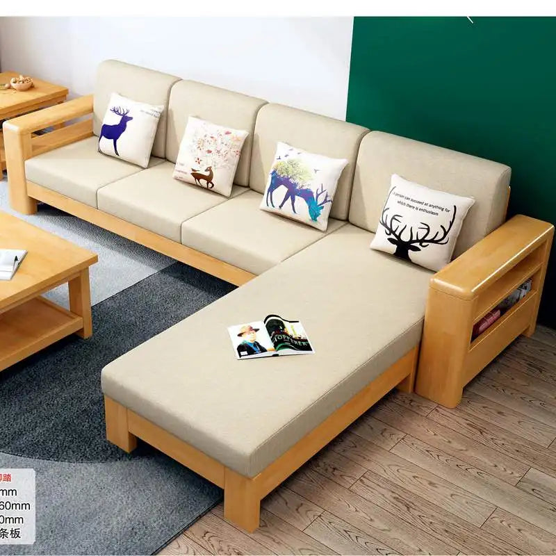 For Living Room Full Solid Wood Sofa Combination of Modern Chinese Small Apartment Three Solid Wood Fabric Sofa Bed