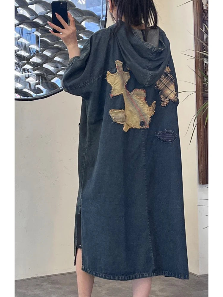 Amax LuluE 2026 Spring Korean Patchwork Hooded Denim Dress Womens Oversized Clothes Ladies Casual Vintage Classic Loose Vestidos